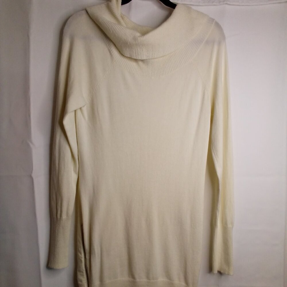 Guess Sweater Tunic Women L Long Sleeve Cowl Neck Zip Sides Off White